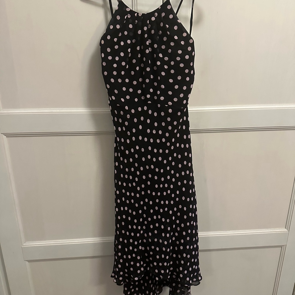 Nine West Black + Pink Polka Dot Silk Chiffon Halter Dress
